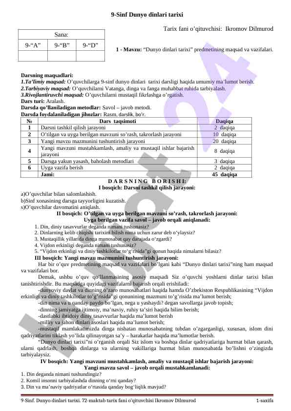 Dunyo dinlari tarixi darsi tashkiloti va metodlari