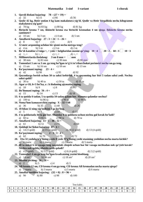 Matematika 3-sinf i-variant 1-chorak savollari