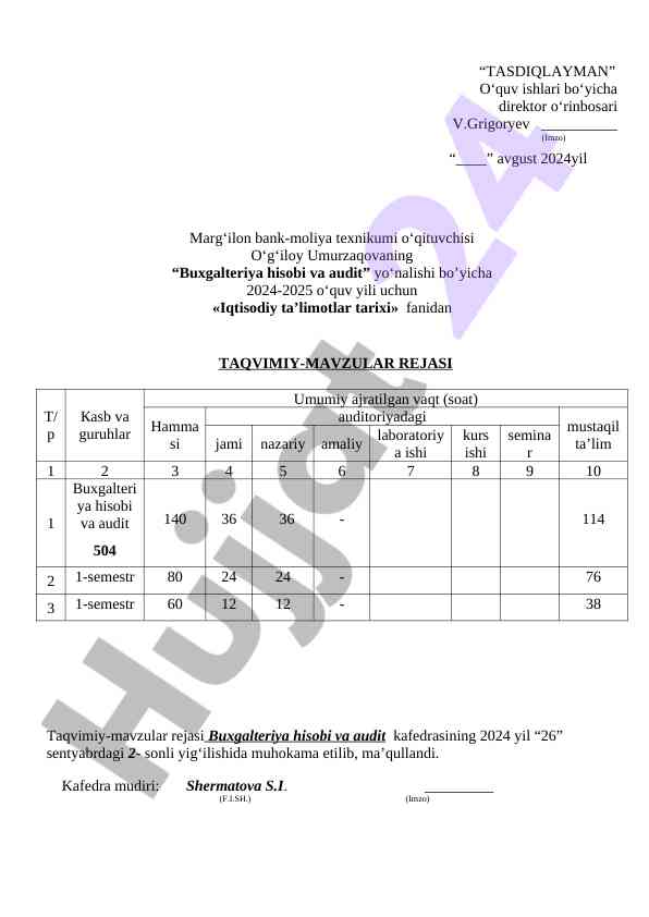 Iqtisodiy ta'limotlar tarixi fanidan reja