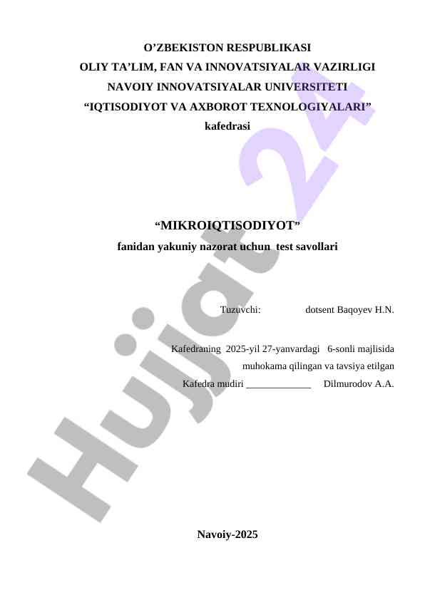 Mikroiqtisodiyot fanidan yakuniy nazorat test savollari