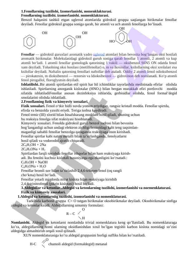 Fenollarning tuzilishi va izomerlanishi