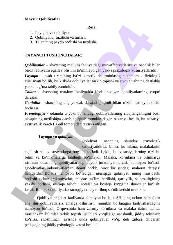 Qobiliyatlar layoqatlar tuzilishi va tushunchalar