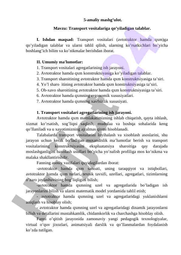 Transport vositalariga qo‘yiladigan talablar