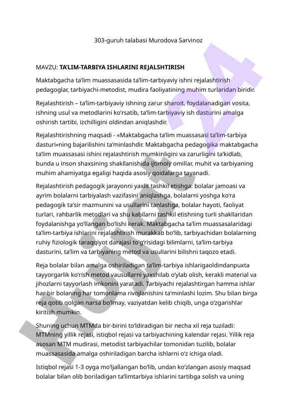 Ta'lim-tarbiyaviy ishlarni rejalashtirish usullari
