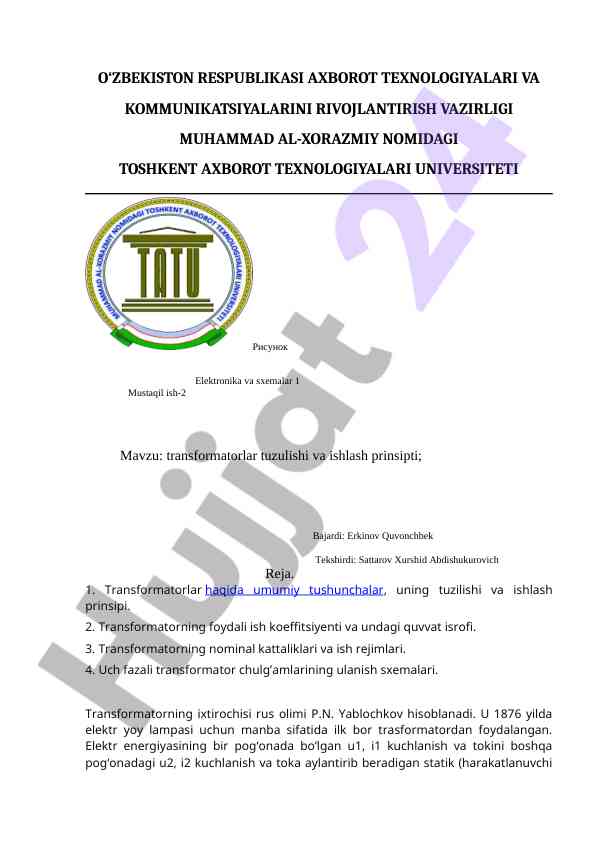 Transformatorlar tuzilishi va ishlash prinsipti