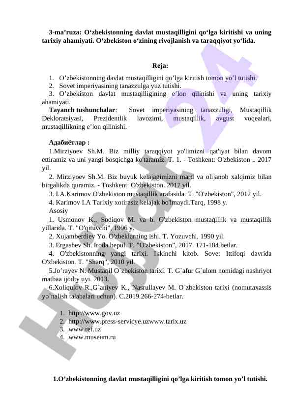 O‘zbekiston mustaqilligini o‘rganish mavzusi