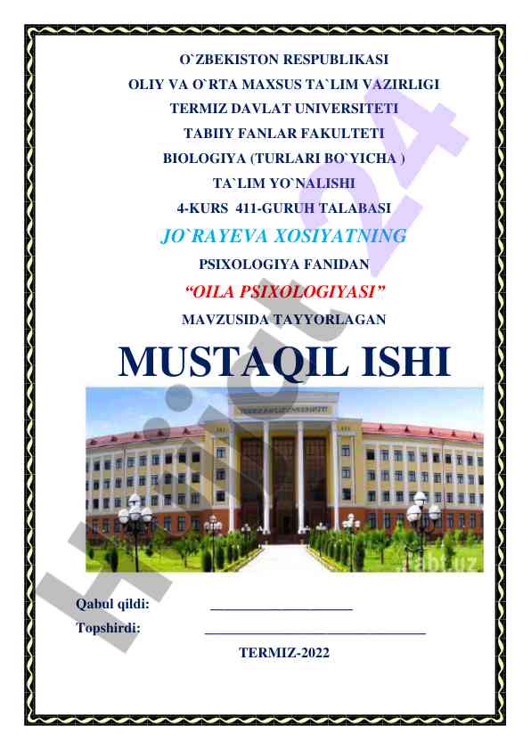 Oila psixologiyasi mavzusida mustaqil ish
