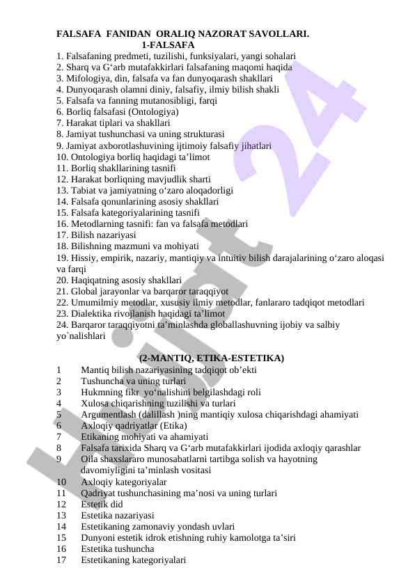 Falsafa fanidan oralqlik nazorat savollari