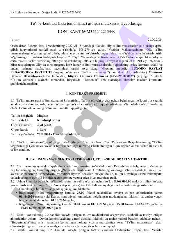 O‘zbekiston respublikasi ta’lim muassasalari kontrakti