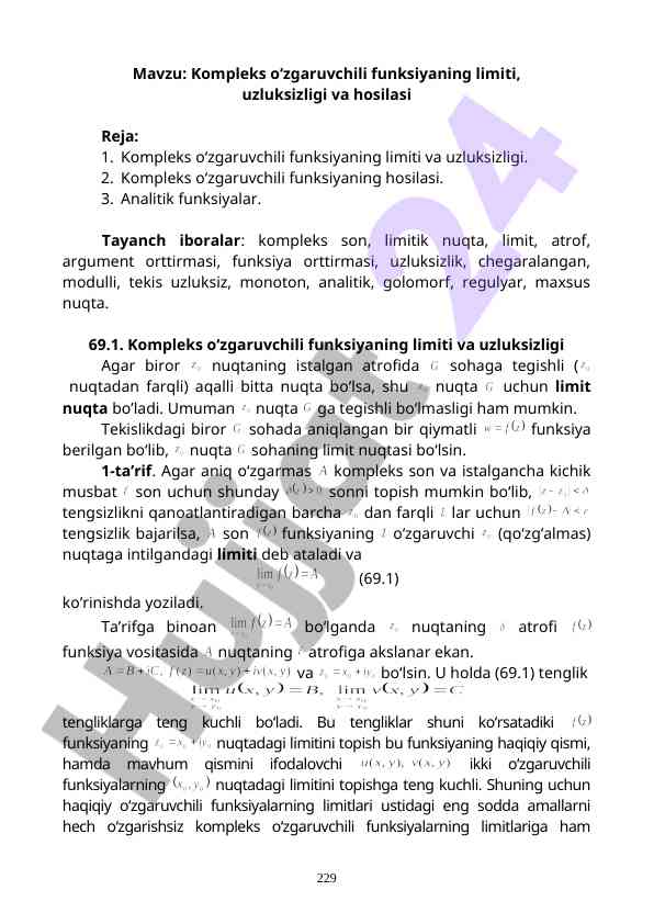 Komplex o‘zgaruvchili funksiyaning limiti va uzluksizligi