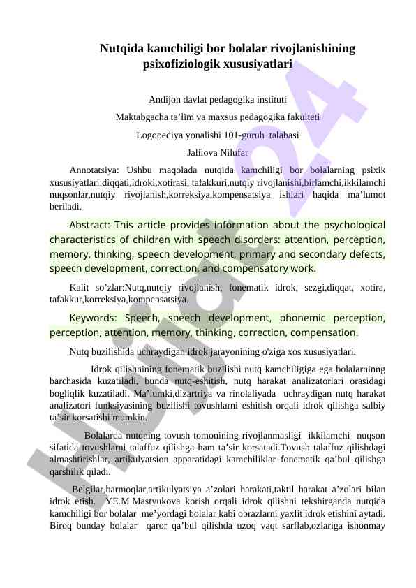 Nutqida kamchiligi bor bolalarning psixofiziologik xususiyatlari