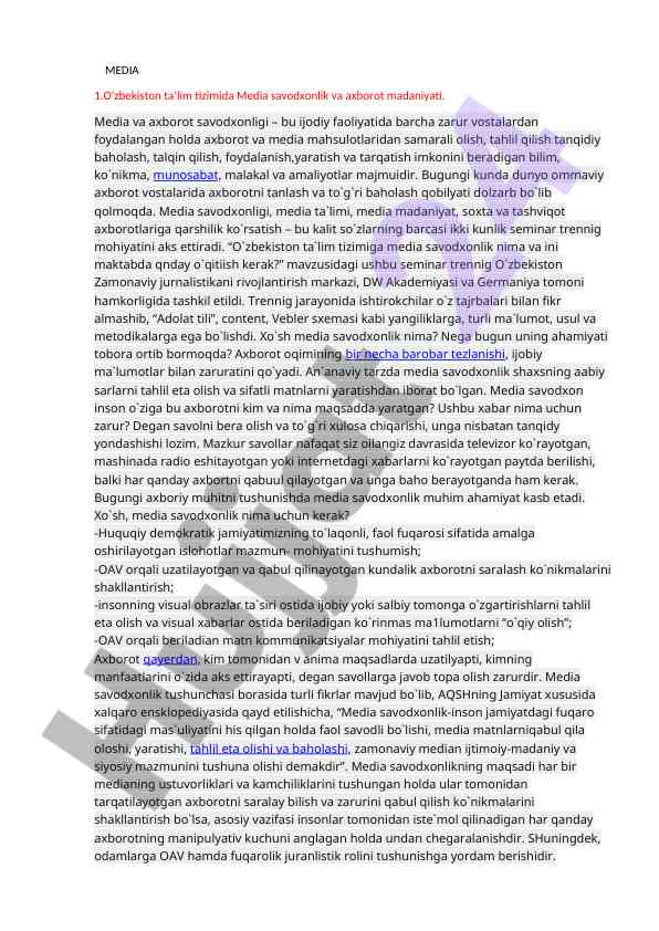 Media savodxonlik va axborot madaniyati bo'yicha seminar