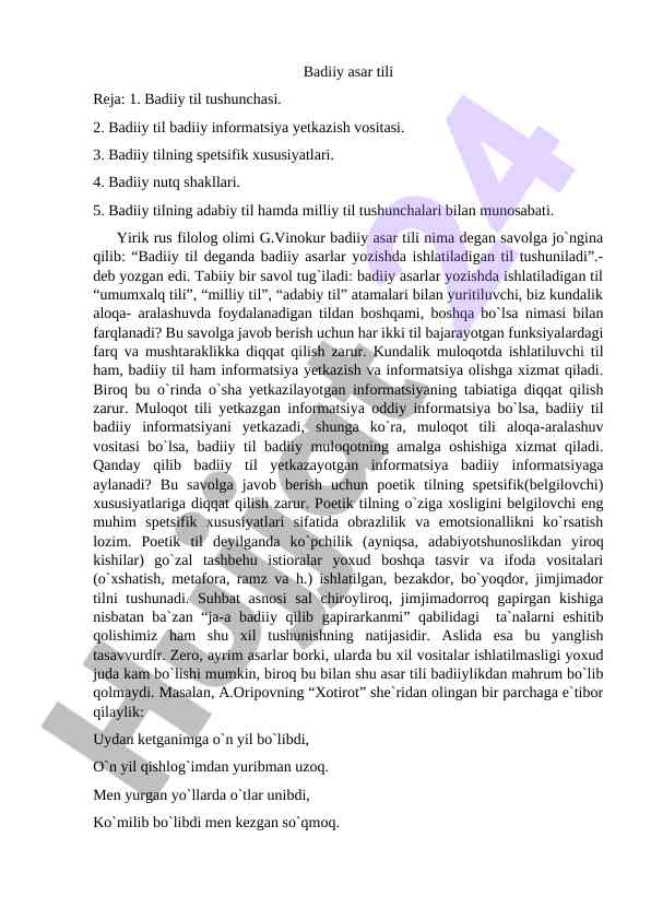 Badiiy asar tili tushunchasi va xususiyatlari