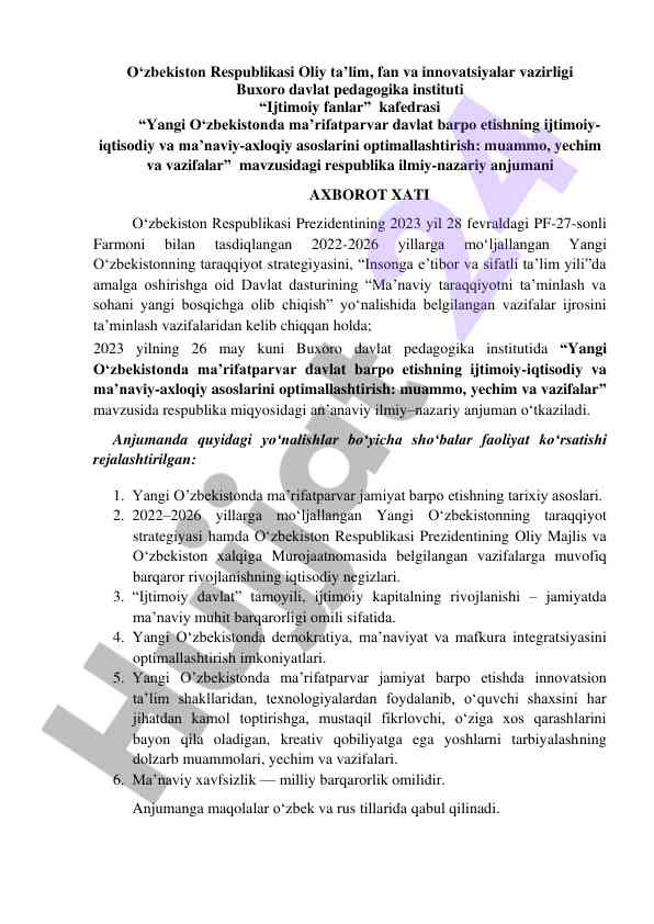 Optimallashtirish ijtimoiy-iqtisodiy asoslar yangi o‘zbekistonda