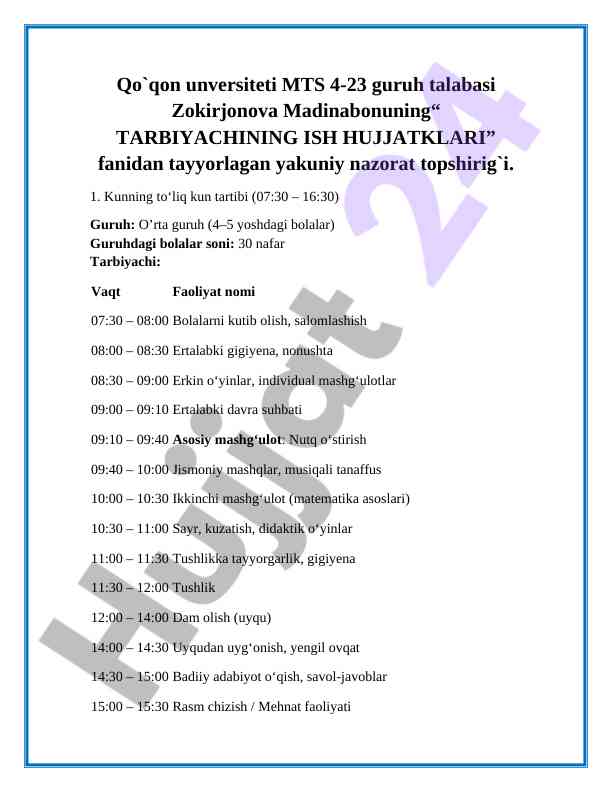 Tarbiyachining ish hujjatlari yakuniy nazorat topshiriq