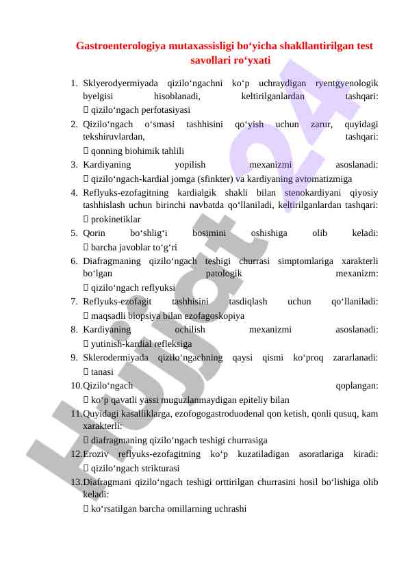 Gastroenterologiya mutaxassisligi test savollari