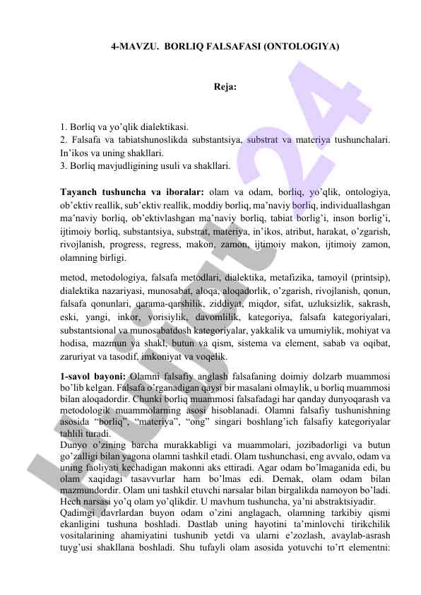 Ontologiya va borliq falsafasi tushunchalari