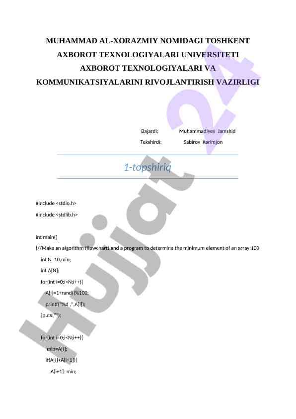 Minimum elementni aniqlash algoritmi va dasturi