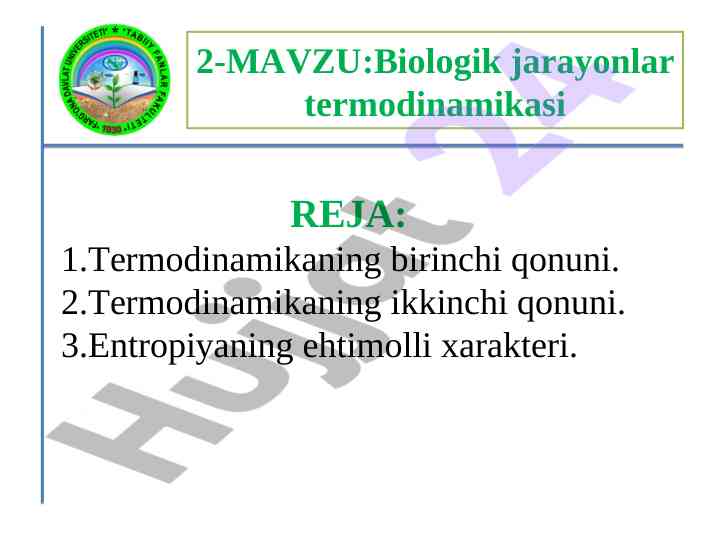 Termodinamika va biologik jarayonlar tahlili