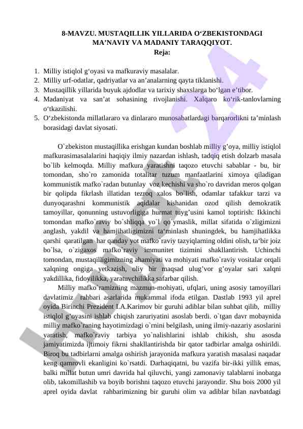 O'zbekiston mustaqilligi va madaniy taraqqiyot
