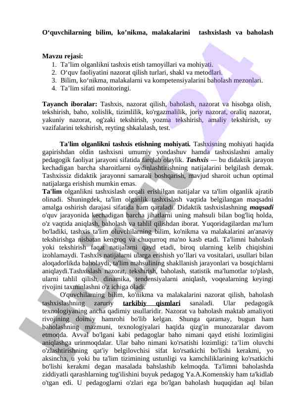 O‘quvchilarning bilim ko‘nikmalarini baholash usullari
