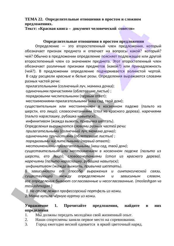 Определительные отношения в простом и сложном предложении