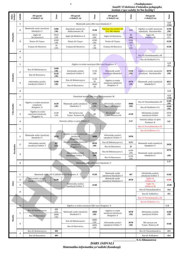Matematika-informatika dars jadvali takliflari