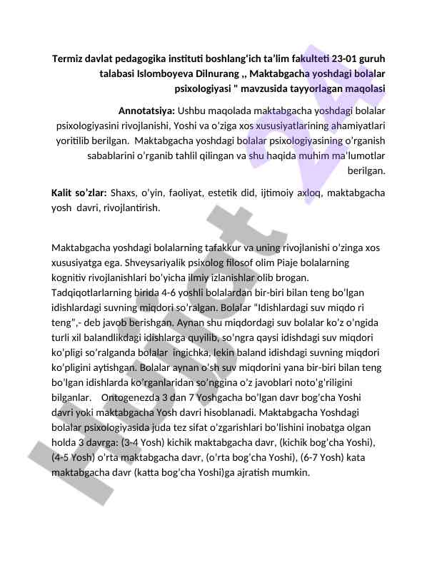 Maktabgacha yoshdagi bolalar psixologiyasi