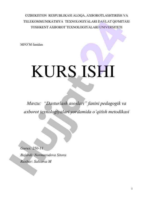 Dasturlash asoslari fanini o'qitish metodikasi