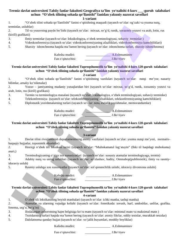 O‘zbek tilining sohada qo‘llanishi yaqin nazorat savollari