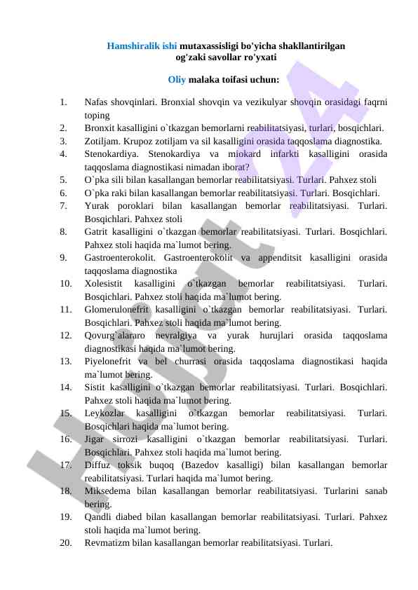 Hamshiralik ishi uchun og'zaki savollar ro'yxati