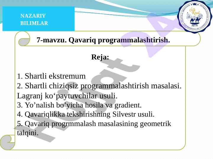 Shartli ekstremum va chiziqsiz programmalashtirish