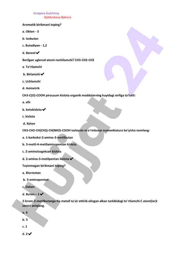 Organik kimyo test savollari va javoblari