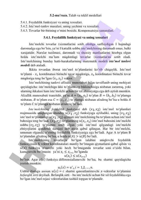 Talab va taklif modellari foydalilik funksiyasi