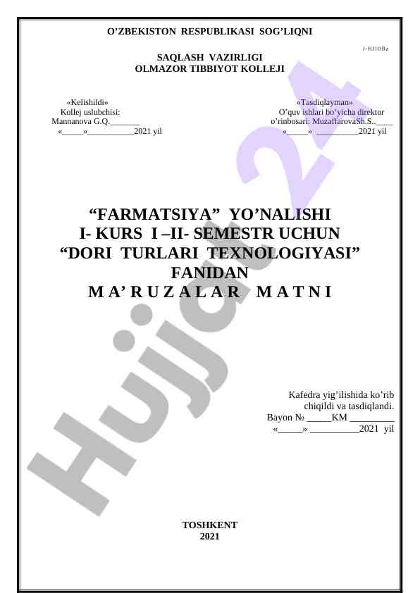 Dori turlari texnologiyasi fanidan m a’ r u z a l a r