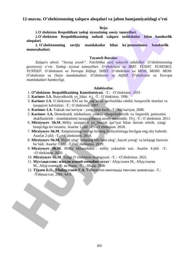O'zbekistonning xalqaro aloqalari va jahon hamjamiyatidagi o'rni