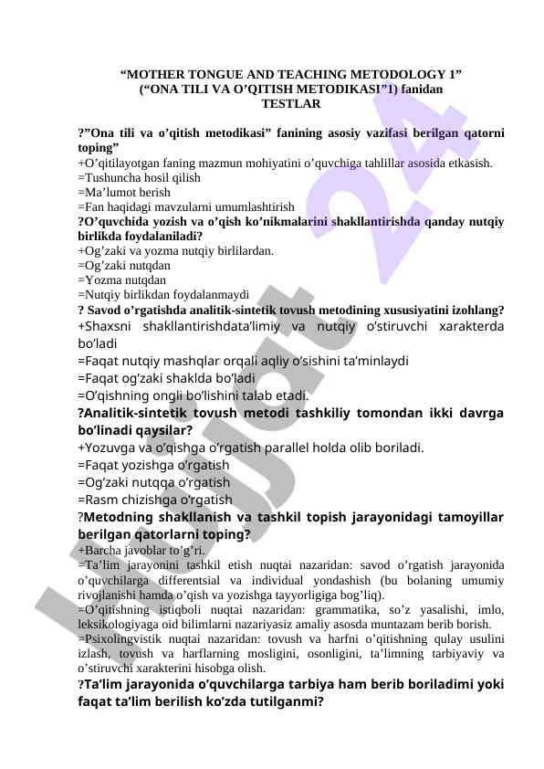 Ona tili va o'qitish metodikasi testlari
