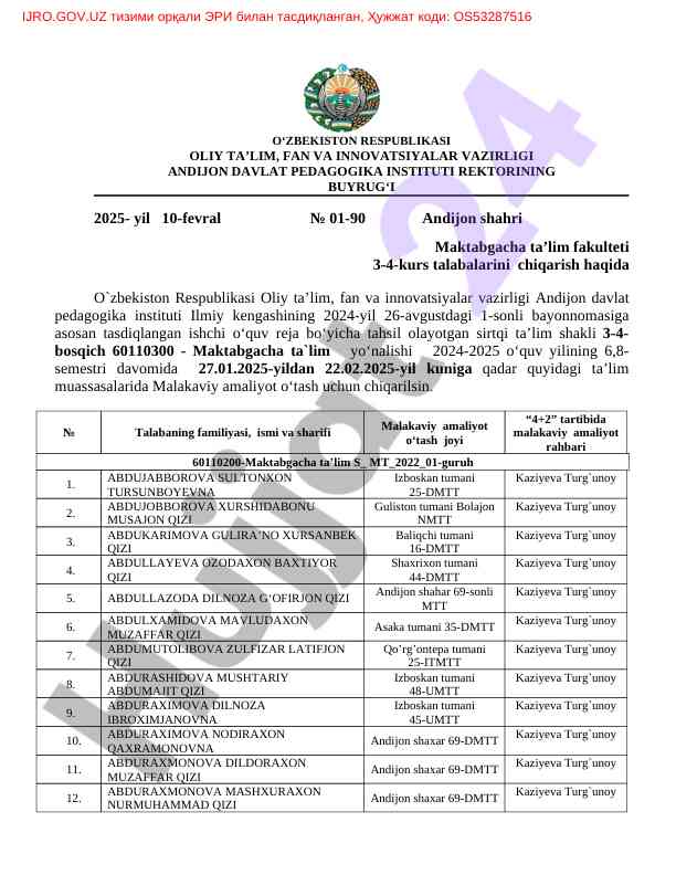 Maktabgacha ta'lim talabalari malakaviy amaliyoti