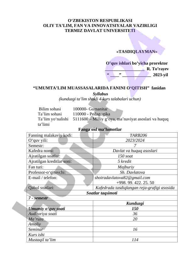 Umumta’lim muassalarida fanini o‘qitish syllabus