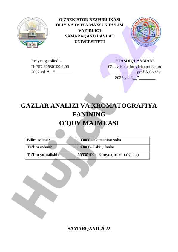 Gazlar analizi va xromatografiya fani dars ishlanmasi