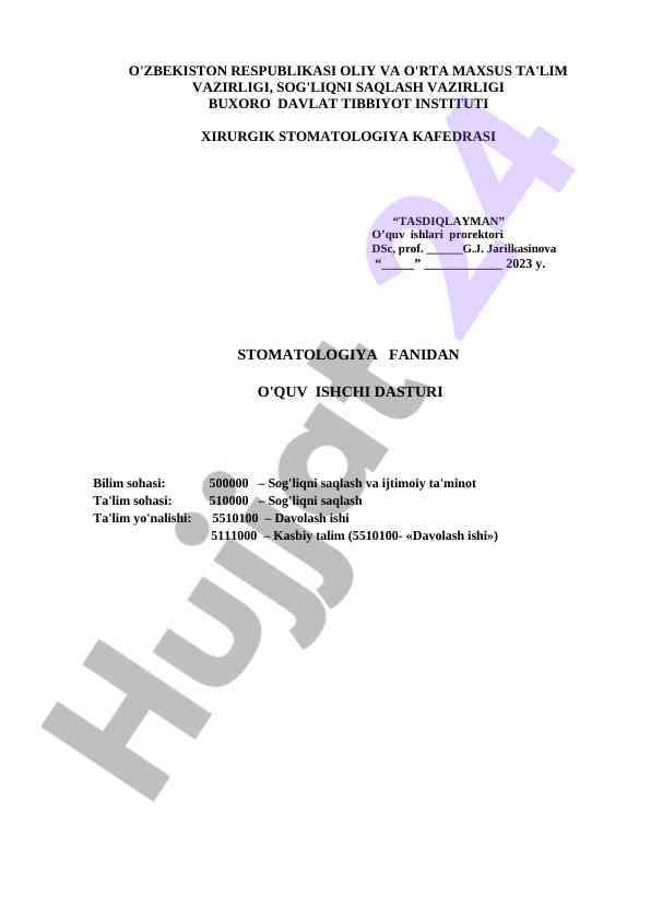 Stomatologiya fanidan o'quv ishchi dasturi