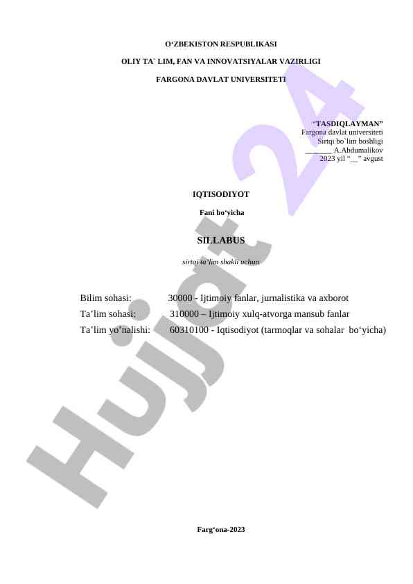 Iqtisodiyot fani sillabusi sirtqi ta'lim uchun