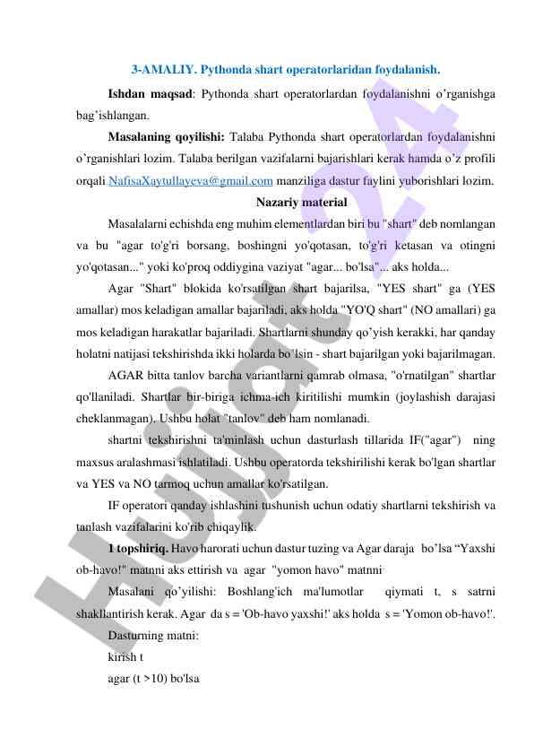 Pythonda shart operatorlarini o'rganish