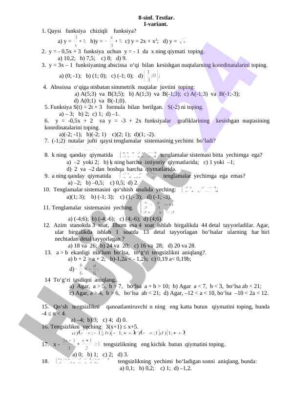 8-sinf testlar izlanishlari i-variant