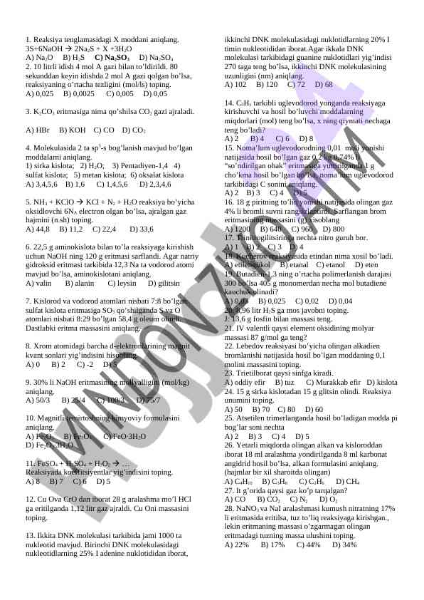 Kimyo reaksiyalari bo'yicha test misollari