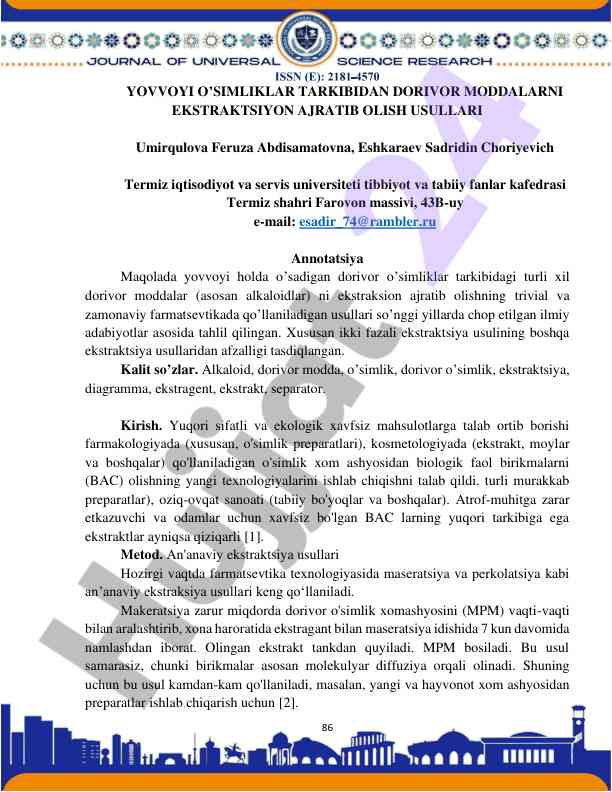 Dorivor o’simliklardan farmatsevtik moddalarni ajratish