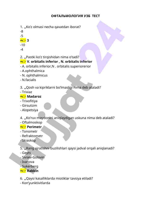 Oftalmologiya testi 1: ko’z tashvishlari haqida