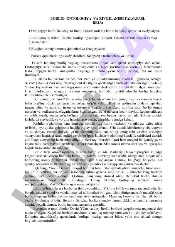 Ontologiya va rivojlanish falsafasining asosiy muammolari