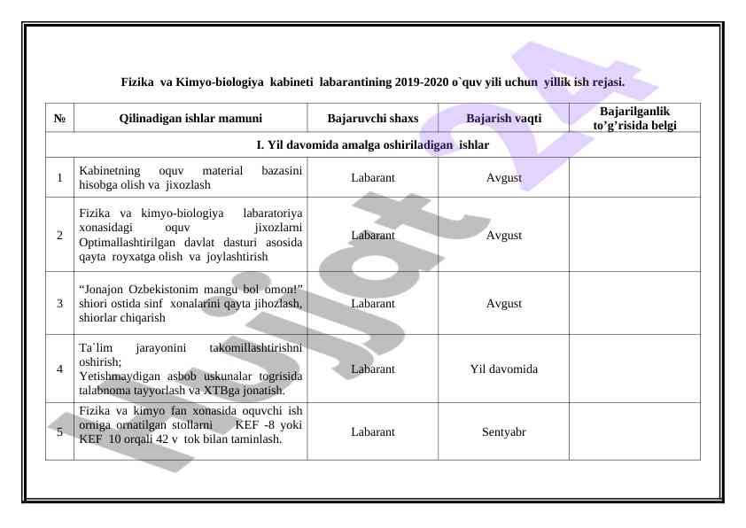 Fizika va kimyo-biologiya laborantining yillik rejasi