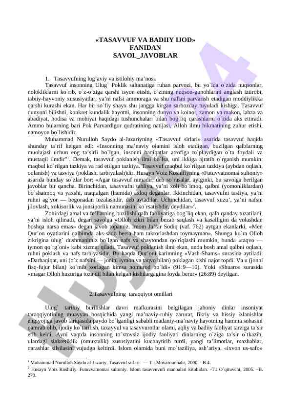 Tasavvuf va badiy ijod fanidan savol-javoblar